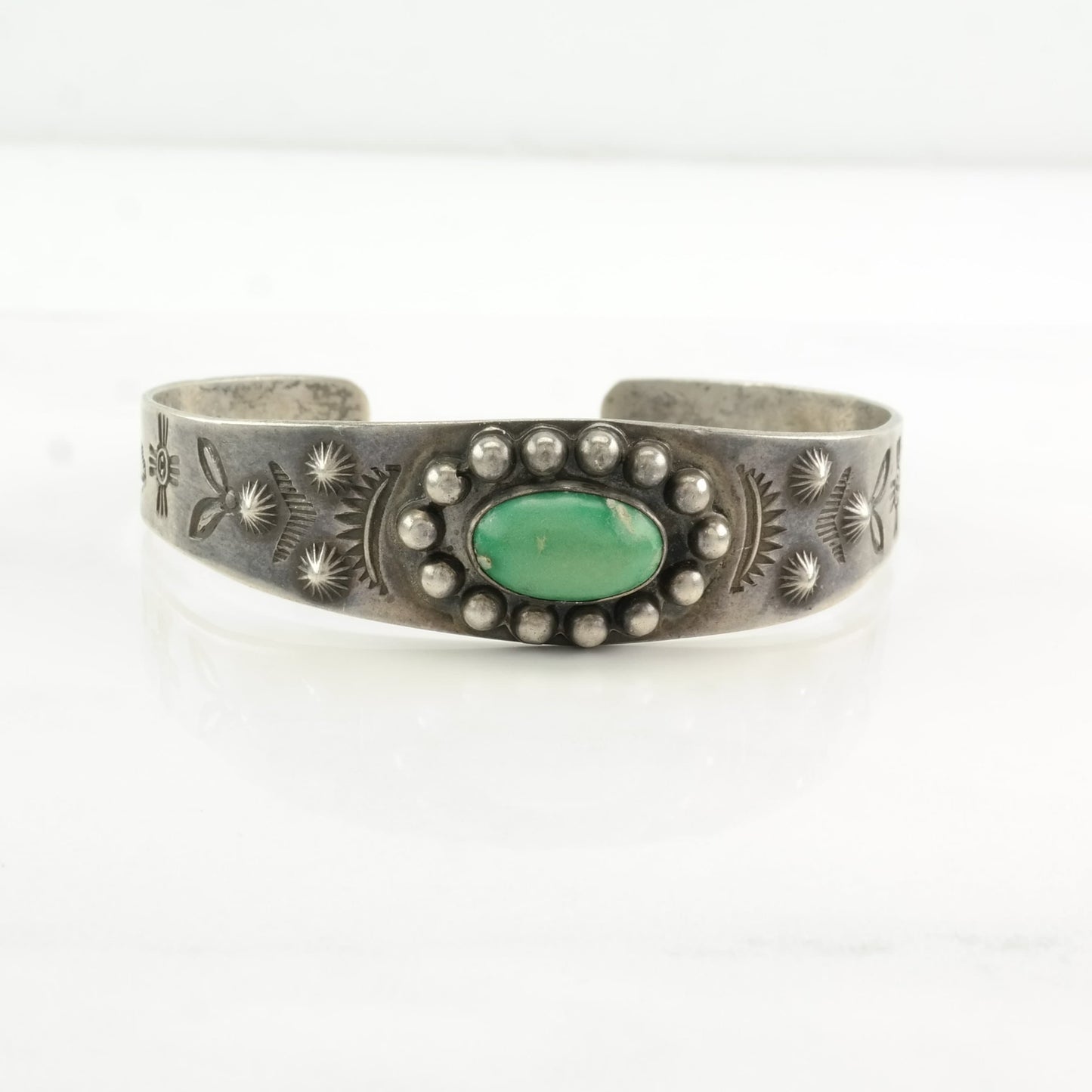 Fred Harvey Era Sterling Silver Cuff Bracelet Green Cerrillos, Turquoise Stamped