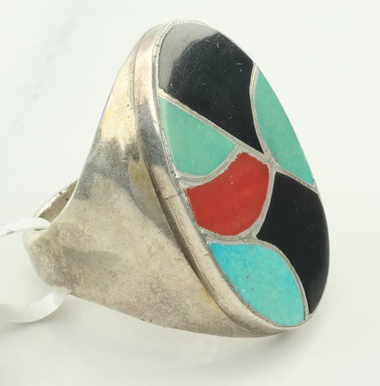 Vintage Native American Silver Ring Turquoise Coral Onyx Inlay Sterling Red Green Black Size 10 3/4