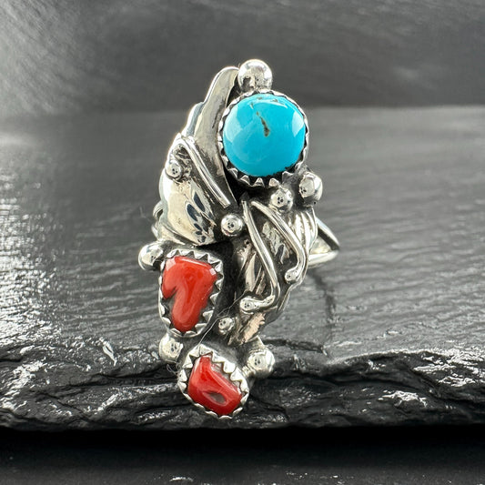 Vintage Turquoise Coral Ring Native American Sterling Silver