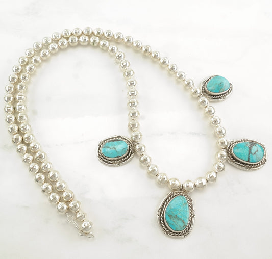 Native American Sterling Silver Blue Turquoise Stamped Necklace