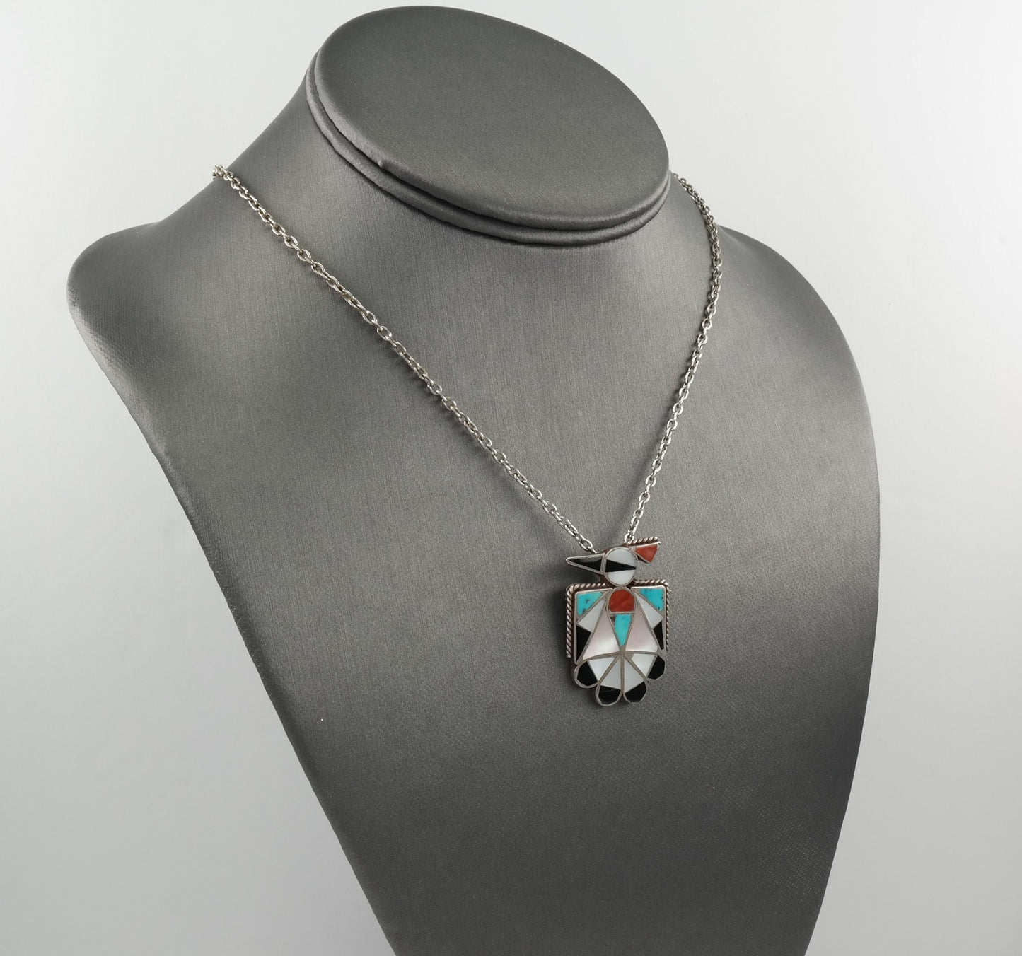 Native American Sterling Silver Turquoise Thunderbird Inlay Necklace