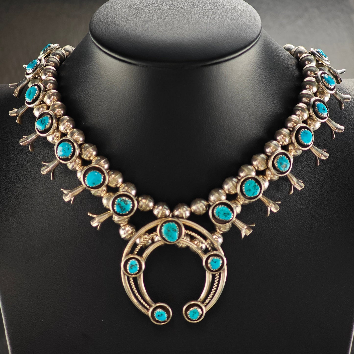 Vintage Native American Turquoise Sterling Silver Squash Blossom Necklace N2721
