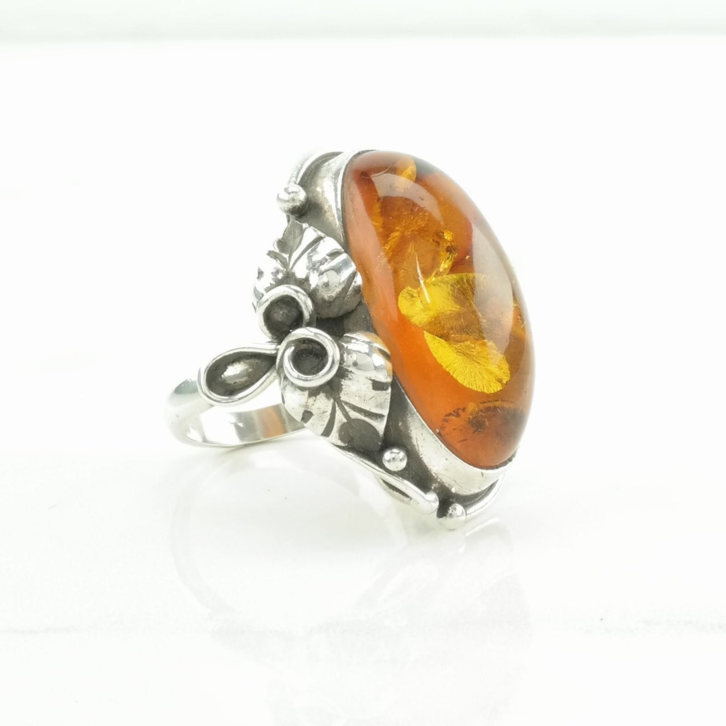 Art Nouveau Style Silver Ring Amber Sterling Orange Size 8