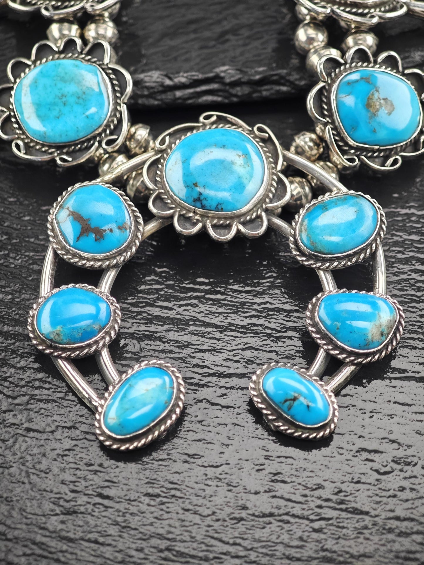 Southwest Turquoise Floral, Squash Blossom Necklace Sterling Silver