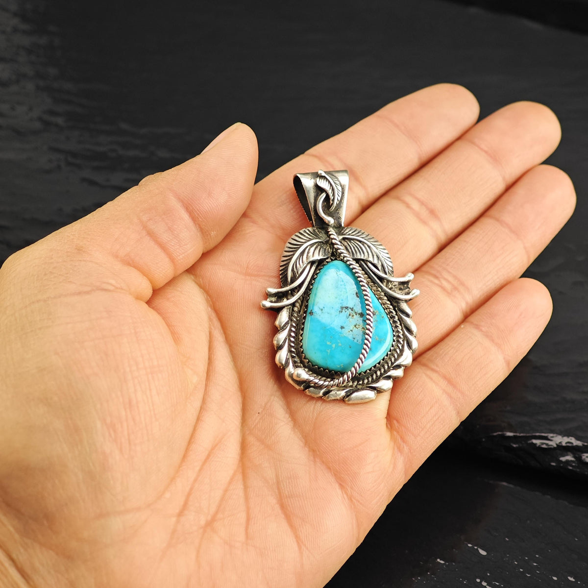 Kirk Turquoise Feather & Cord Detailing Sterling Silver Pendant P3147