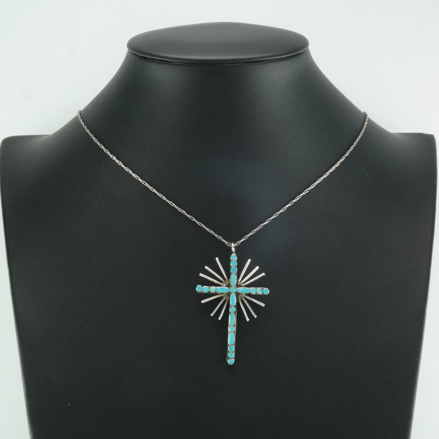 Vintage Southwest Sterling Silver Dishta Style Turquoise Cross Inlay Necklace