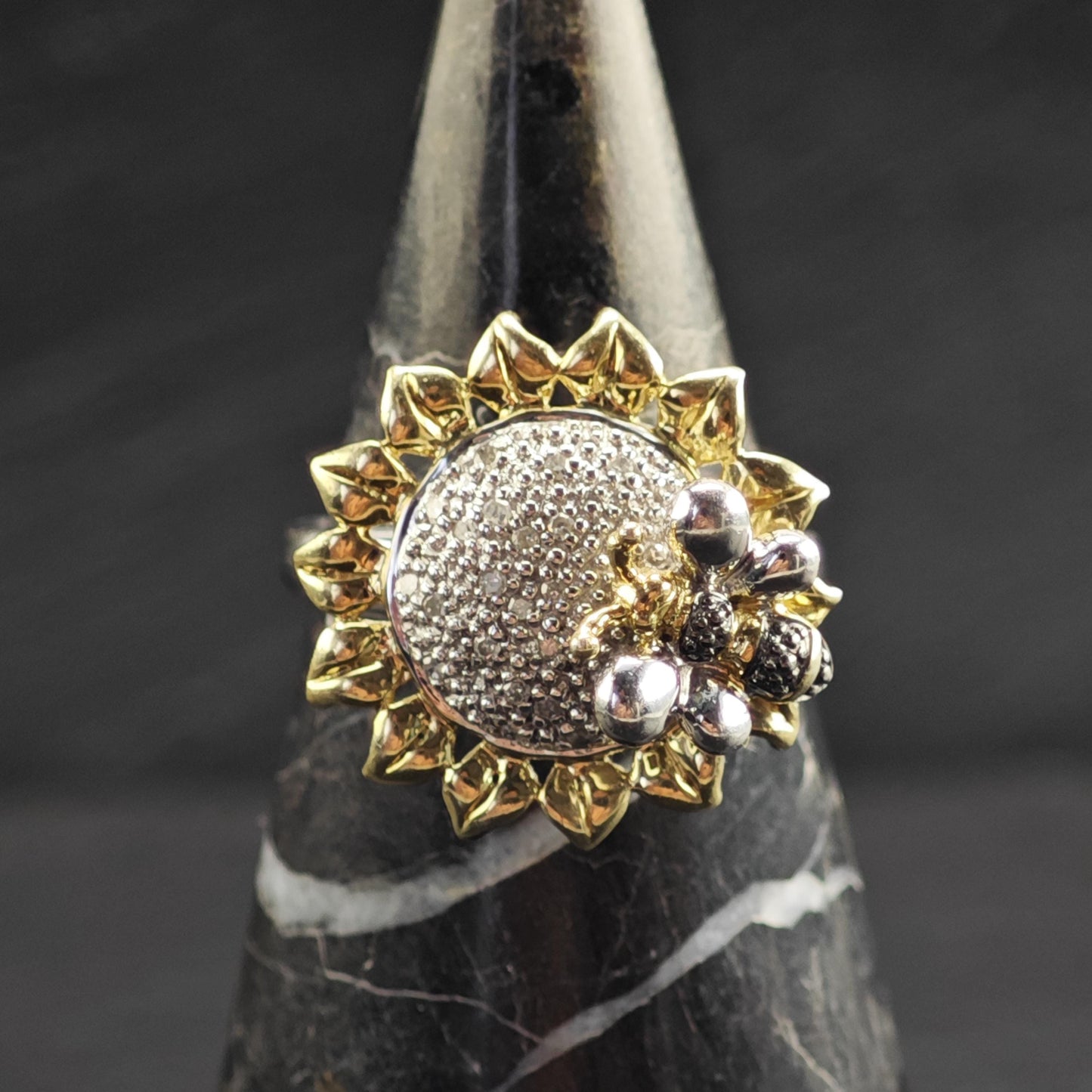 Diamond Flower Bee Gold-Plated Accent Sterling Silver Ring Sz 8 3/4 R6734