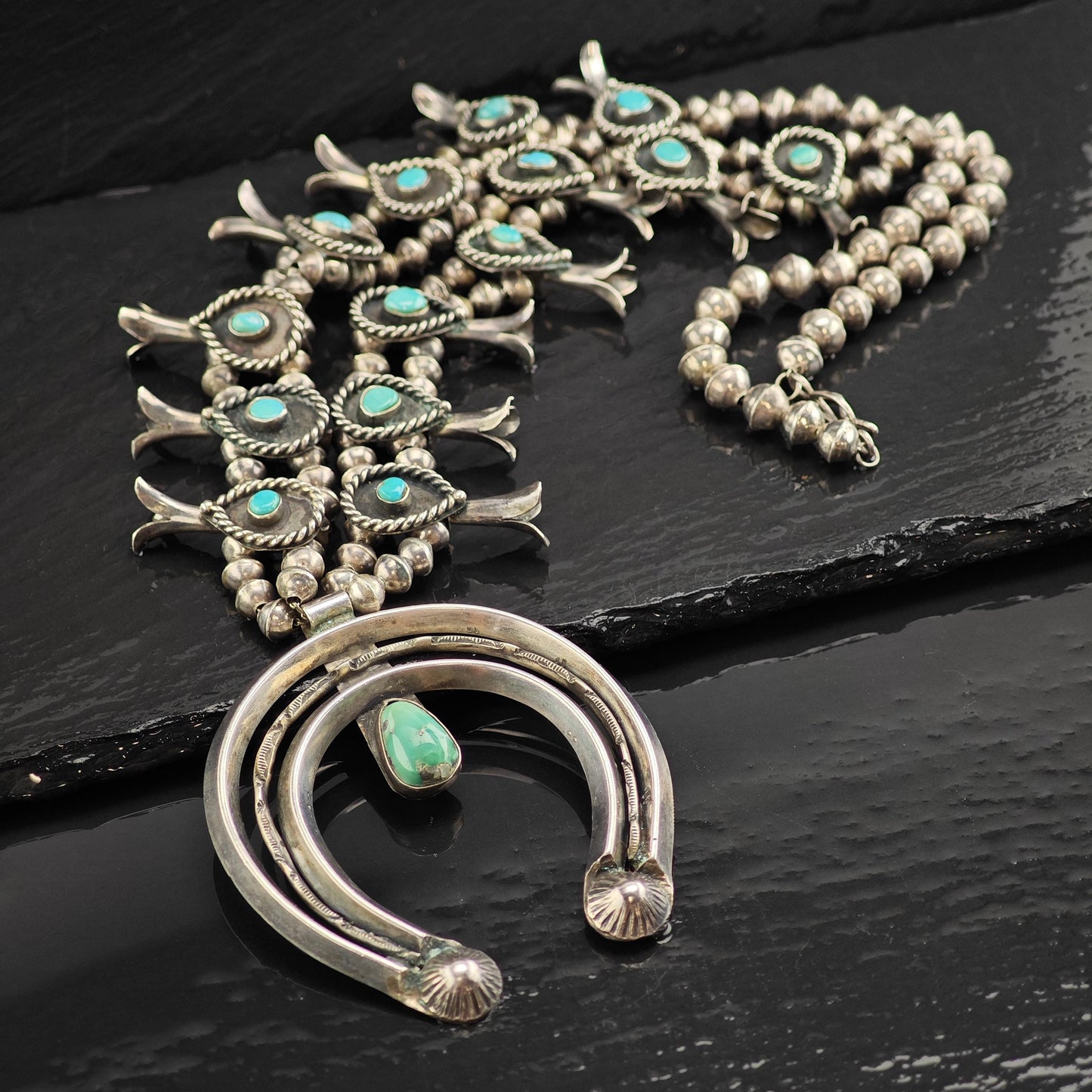 Vintage Navajo Turquoise Sterling Silver Squash Blossom Necklace N2729