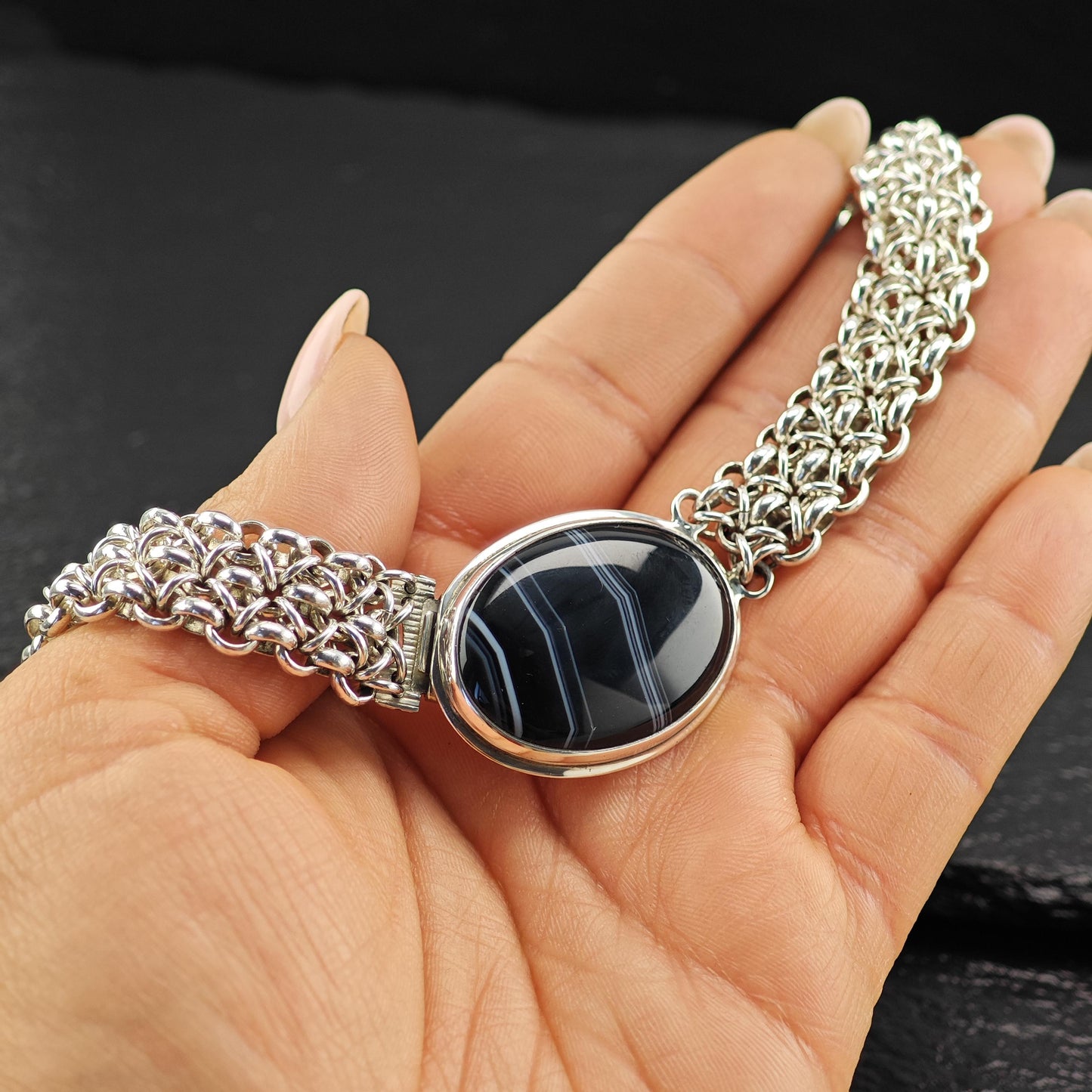Handmade Designer Black, White Banded Agate Oval Necklace Sterling Silver N2563