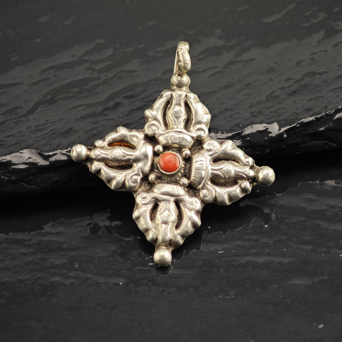 Etruscan Coral Cross Sterling Silver Pendant P3144