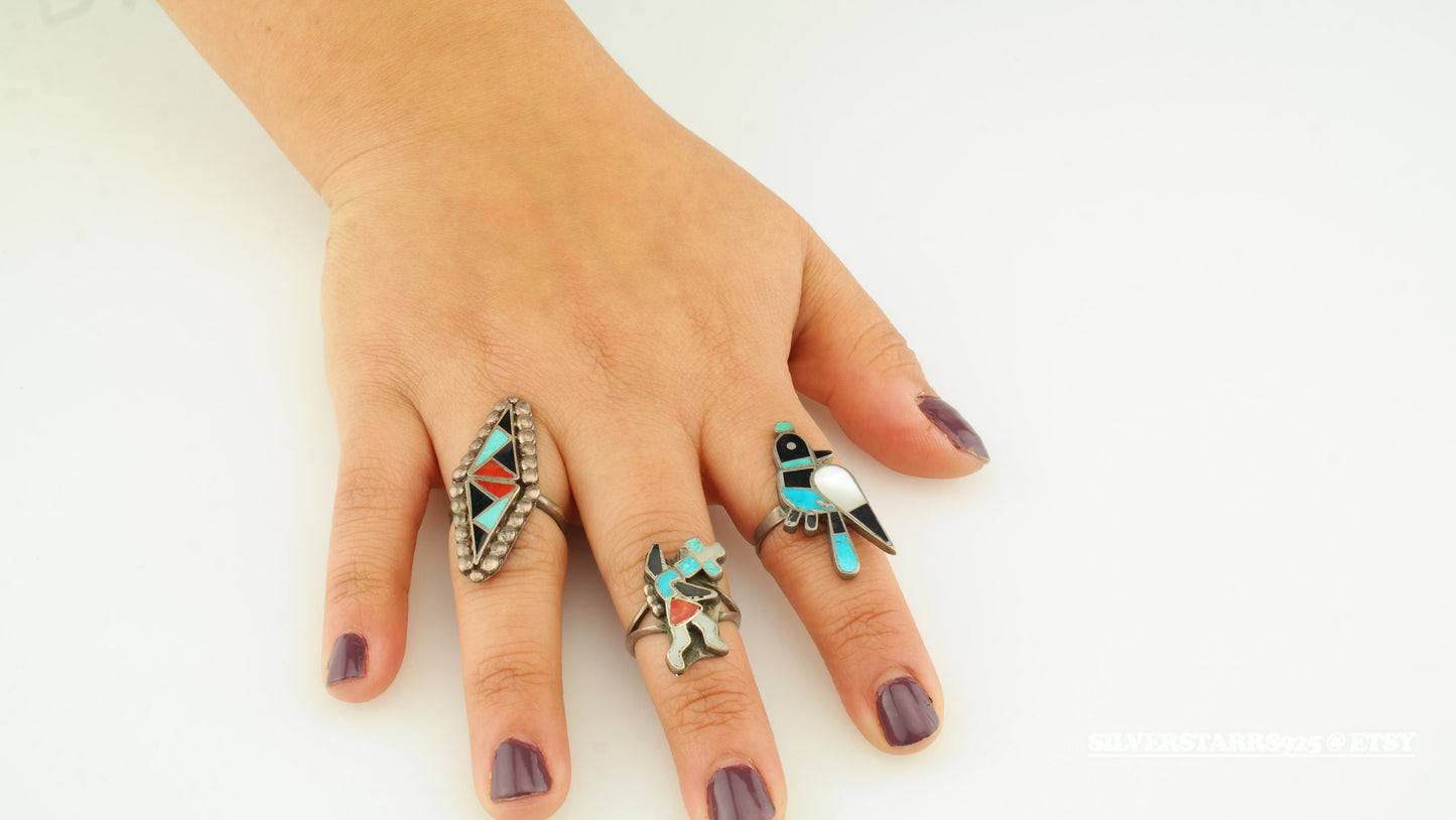 Native American Silver Ring Turquoise, Coral, Jet, MOP Inlay, Raindancer Sterling Size 5