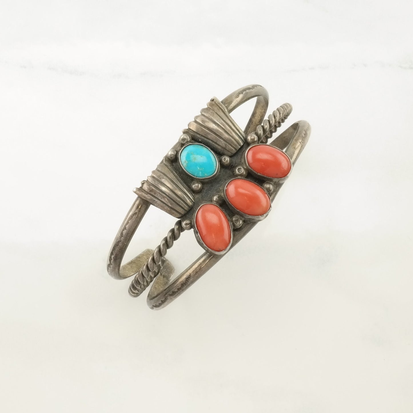 Native American Sterling Silver Cuff Bracelet Red, Blue Coral, Turquoise