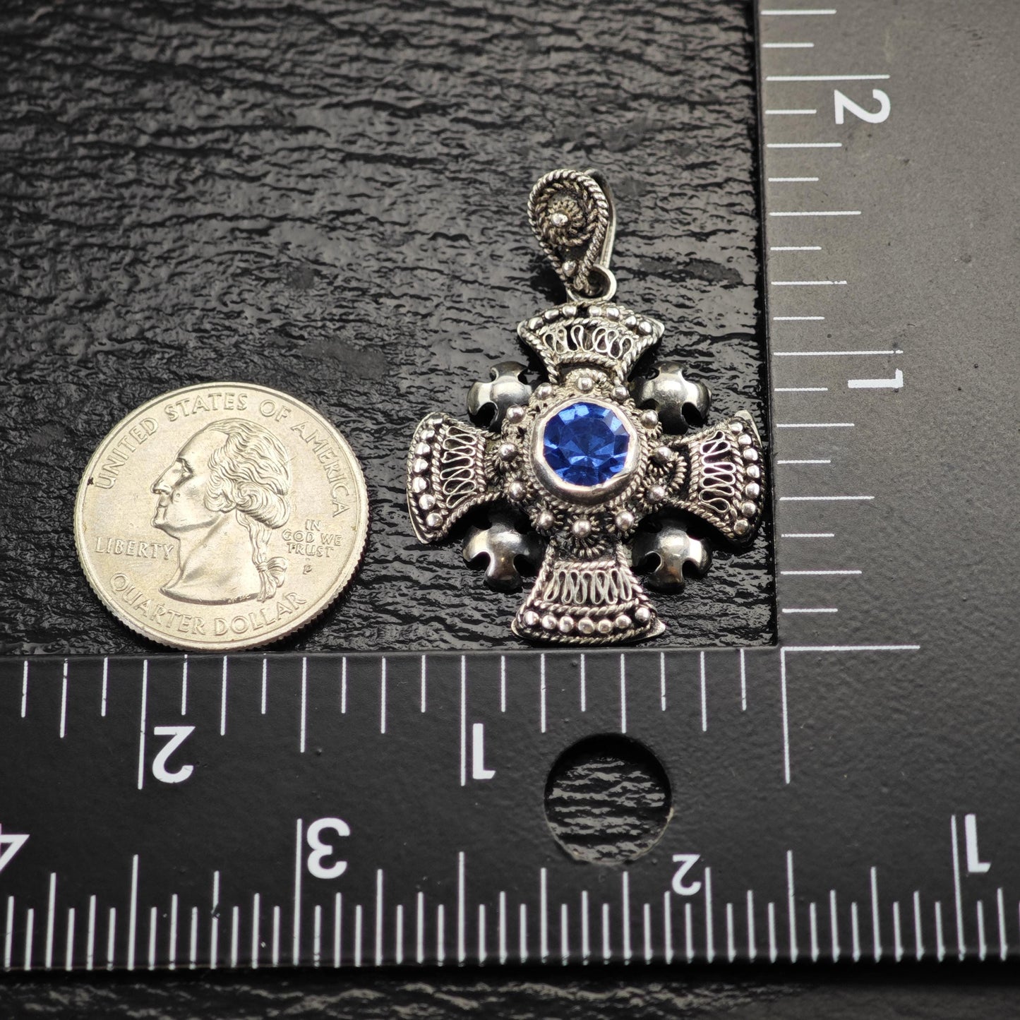 Blue Stone Jerusalem Cross Pendant Sterling Silver P3074