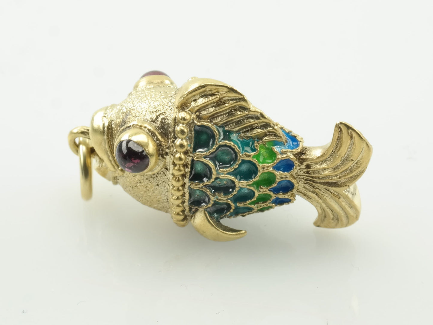 Vintage Enamel Garnet Faberge Style Fish Sterling Silver Pendant