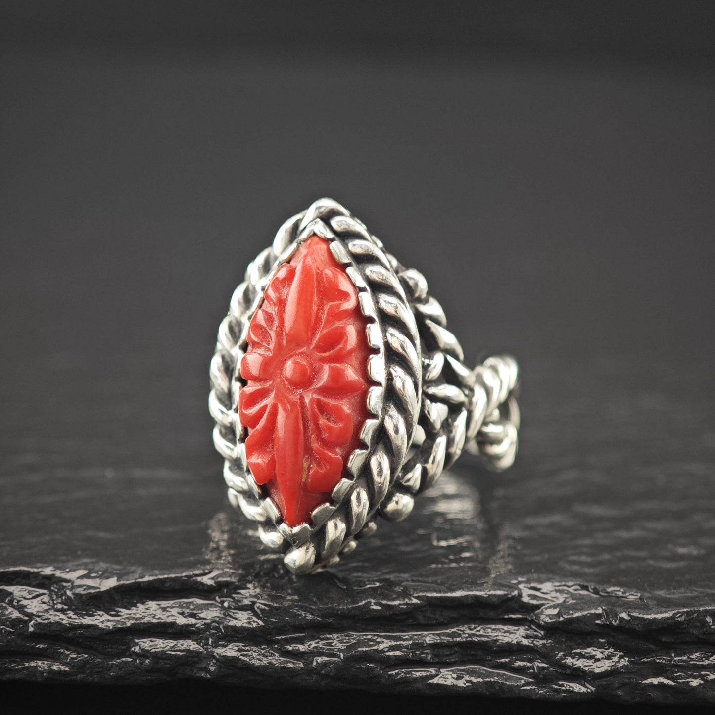 Carolyn Pollack Carved Red Floral Ring Sterling Silver
