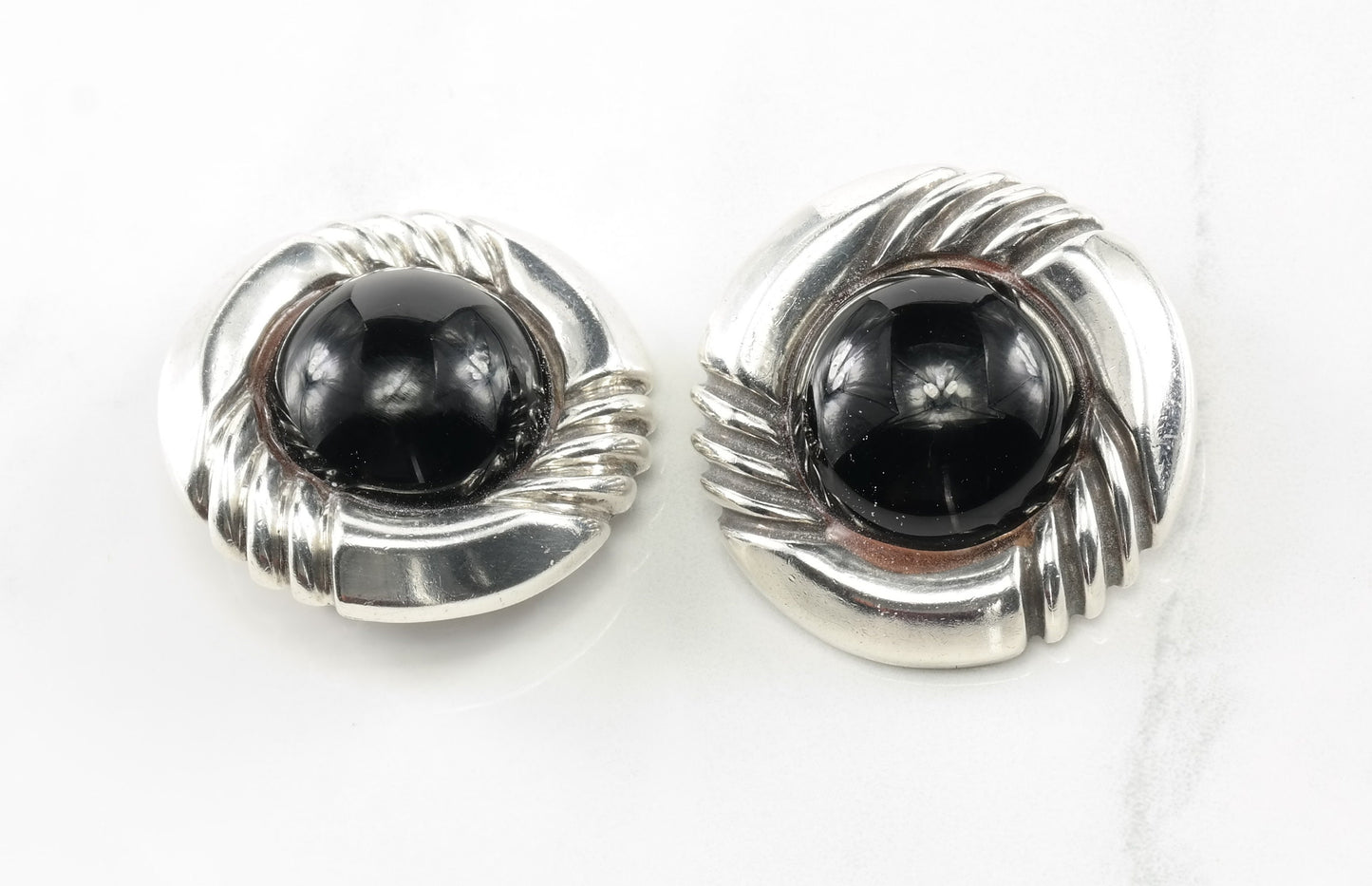 Modernist Sterling Silver Black Onyx Earrings Clip On