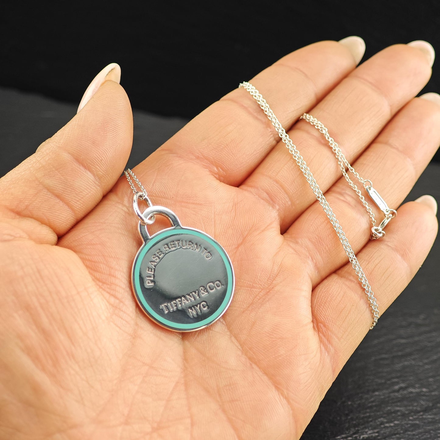 Vintage Tiffany Sterling Silver Teal Enamel Large Round Pendant Necklace N2569