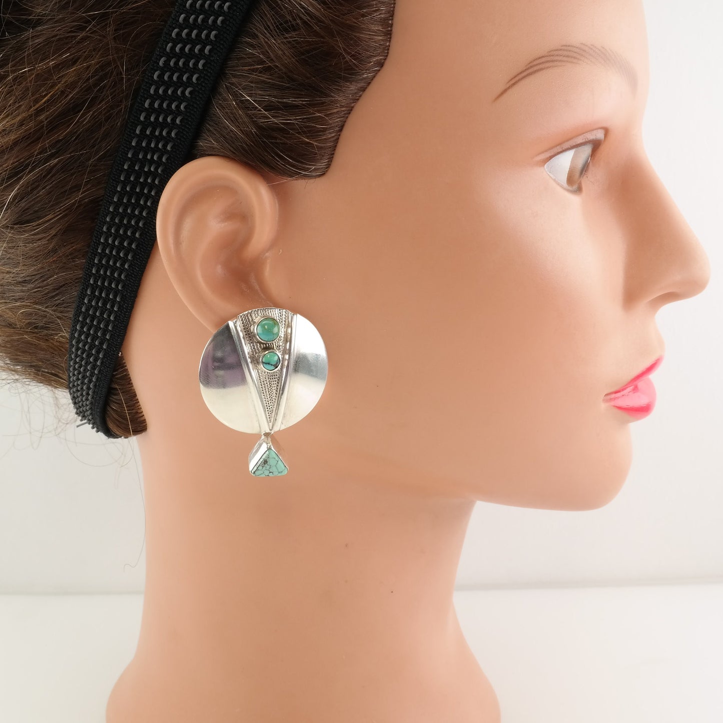 Native American Sterling Silver Spiderweb Turquoise Shield Earrings Stud Dangle