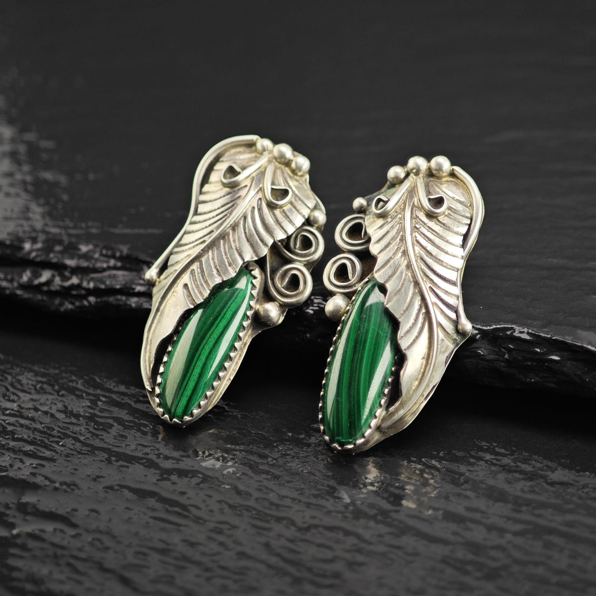 Native American Malachite Feather Detail Sterling Silver Stud Earrings ER3206