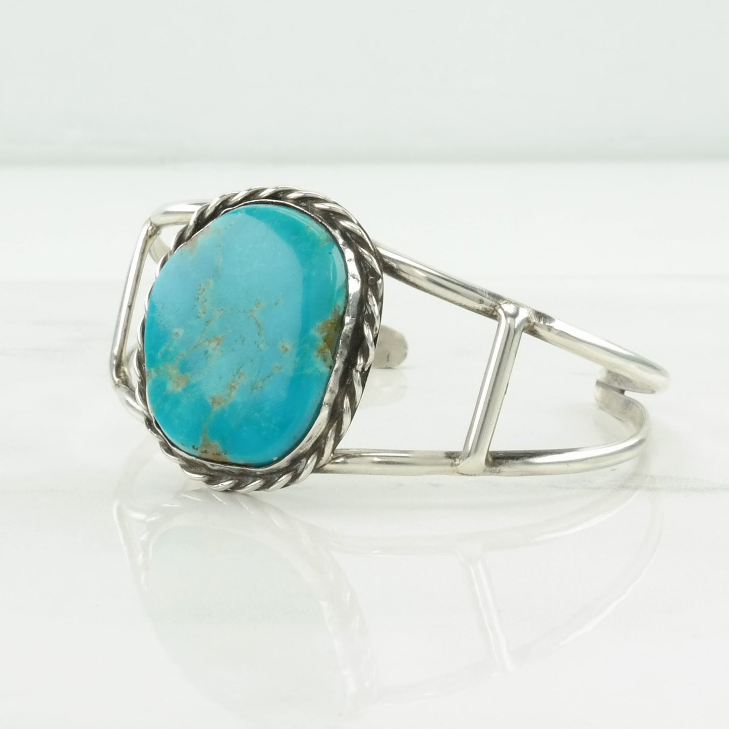 Southwest Sterling Silver Cuff Bracelet Blue Turquoise Rope Detail