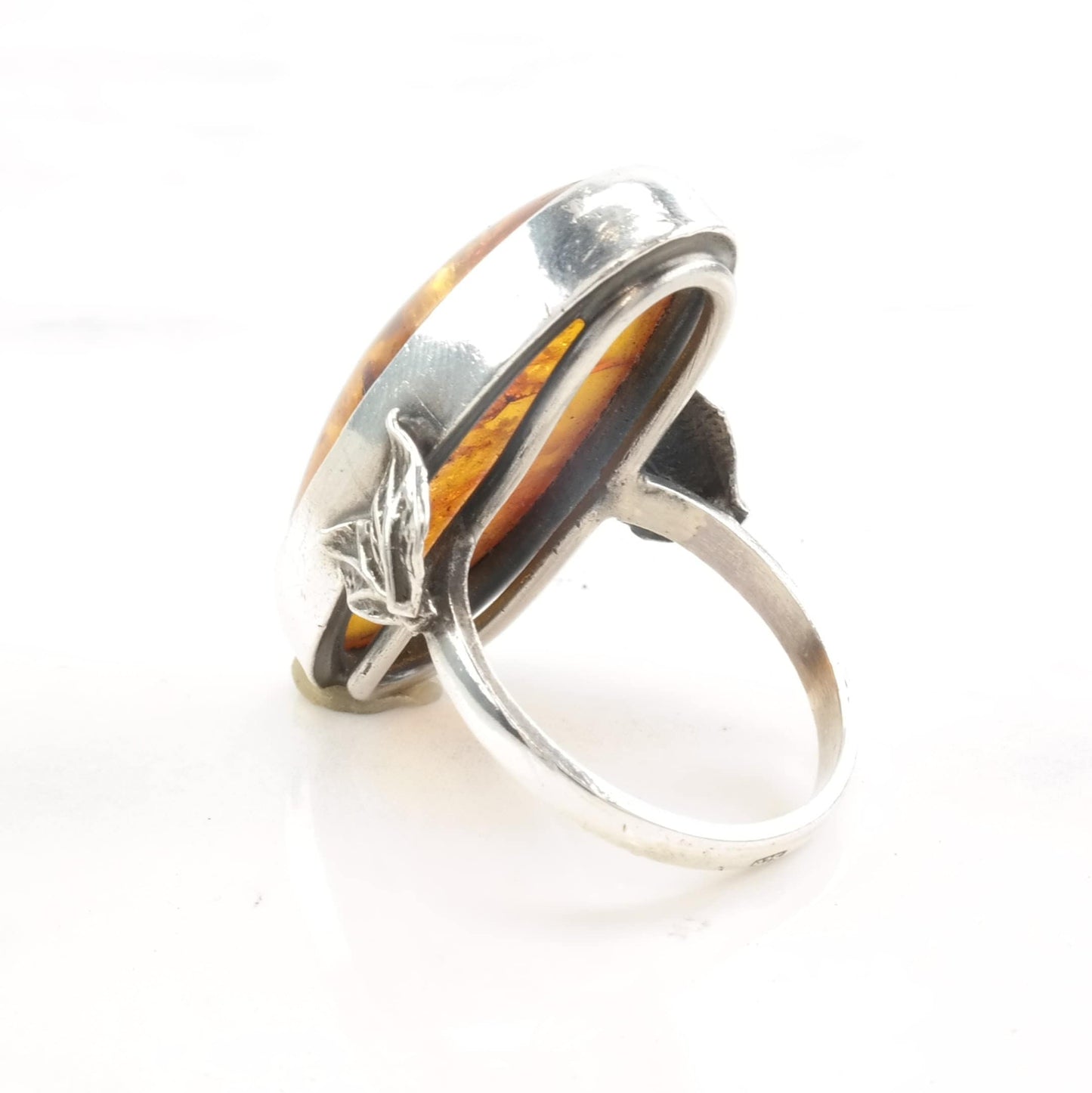 Vintage European Silver Ring Amber Leaf Size 8 1/2