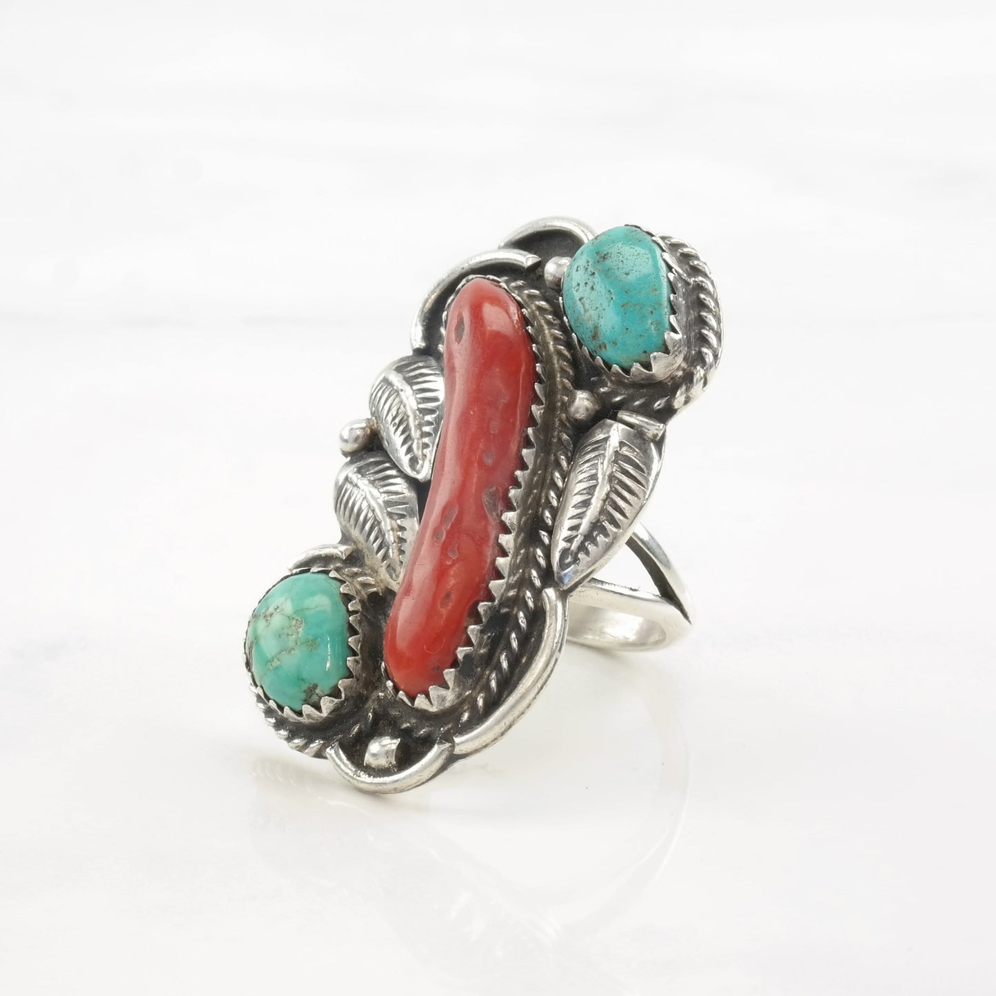 Native American Ring Coral, Turquoise Feather Sterling Silver Size 4