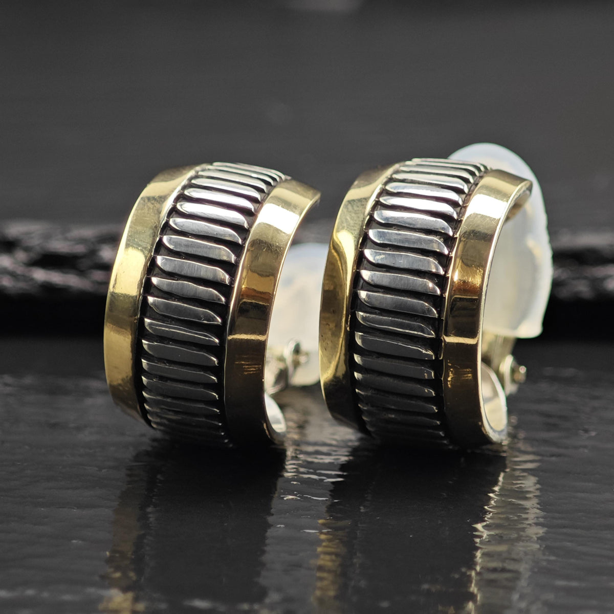Vintage Navajo Leonard Scnallie 14k Gold Accent Hoops Sterling Silver Earrings ER3239