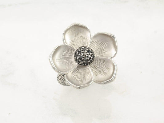 Modernist Sterling Silver Ring Diamond Flower Textured Band Black Size 8