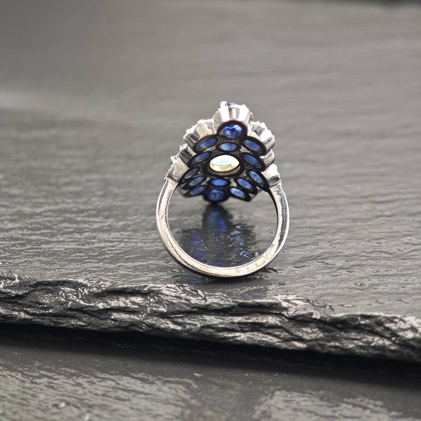Oxidized Sterling Silver Diamond Sapphire, Opal Ring