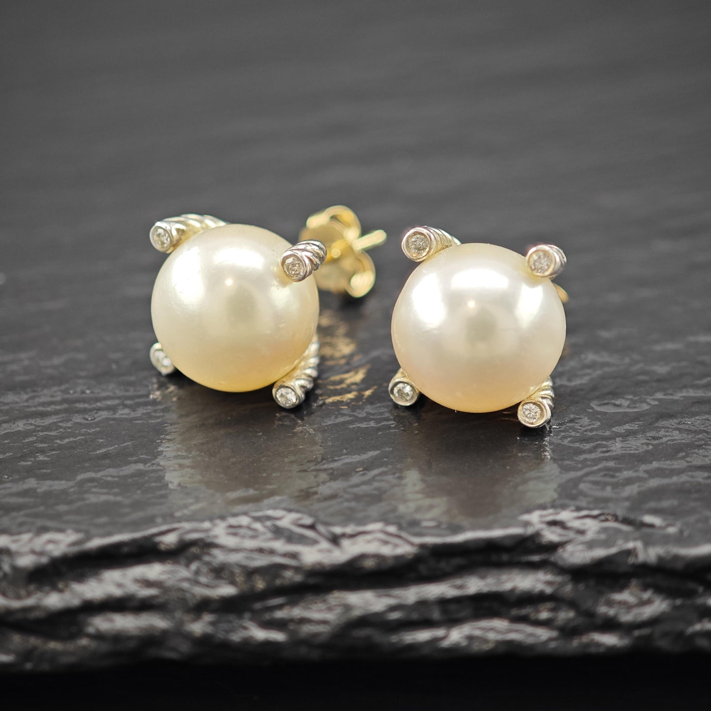 Vintage David Yurman White Pearl, Diamond 14k Gold Post Sterling Silver Stud Earrings