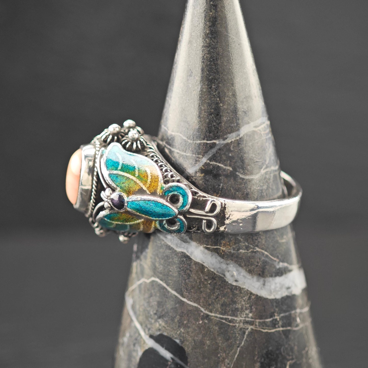 Chinese Export Enamel Conch Butterfly Ring Sterling Silver