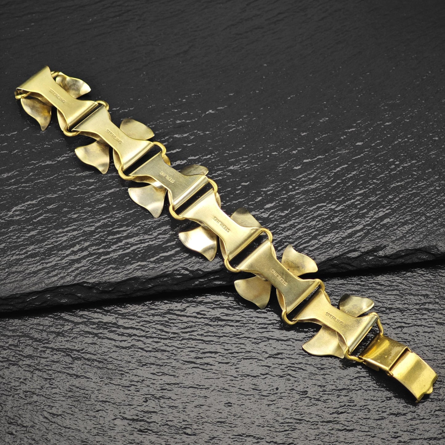 Gold Gilded Floral Link Bracelet Sterling Silver Size 6 3/4"