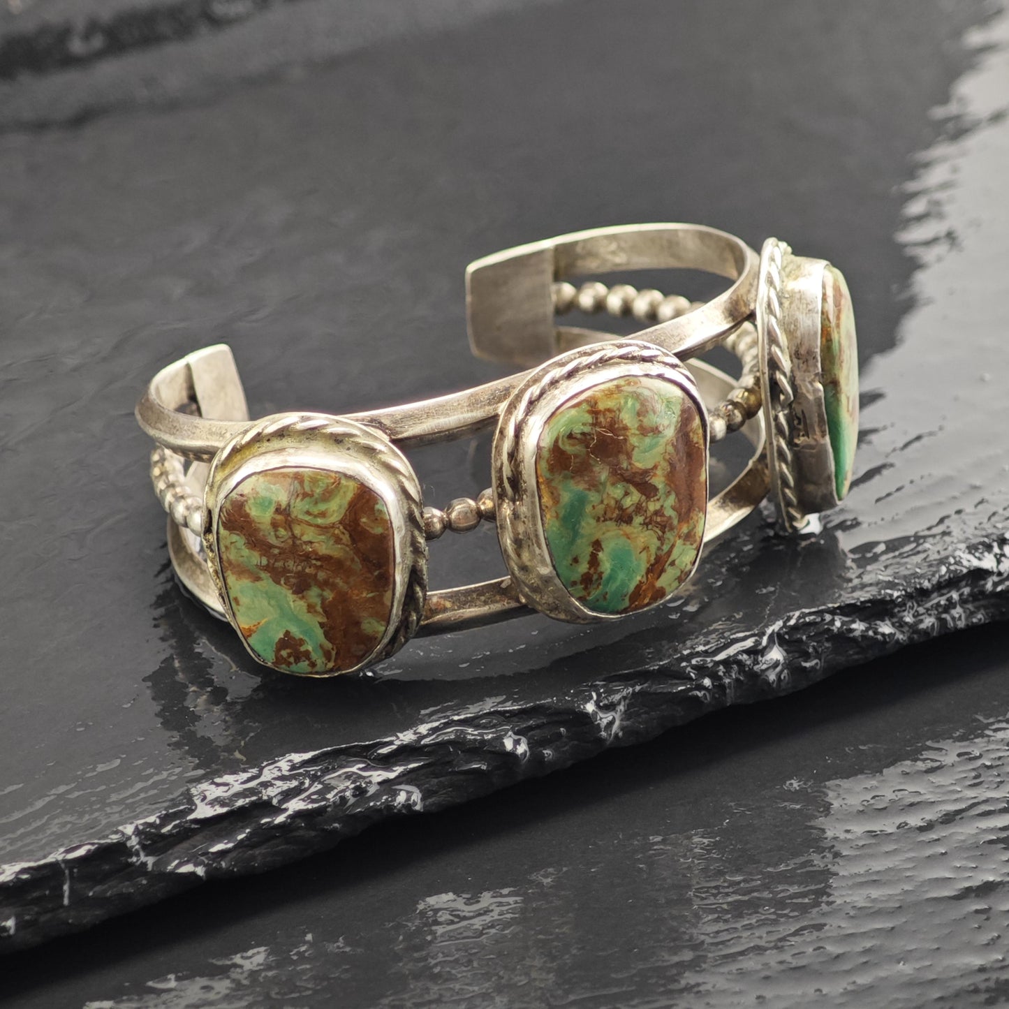 Ceremonial Kingman Turquoise Trio Sterling Silver Cuff Sz 6 " BR3137