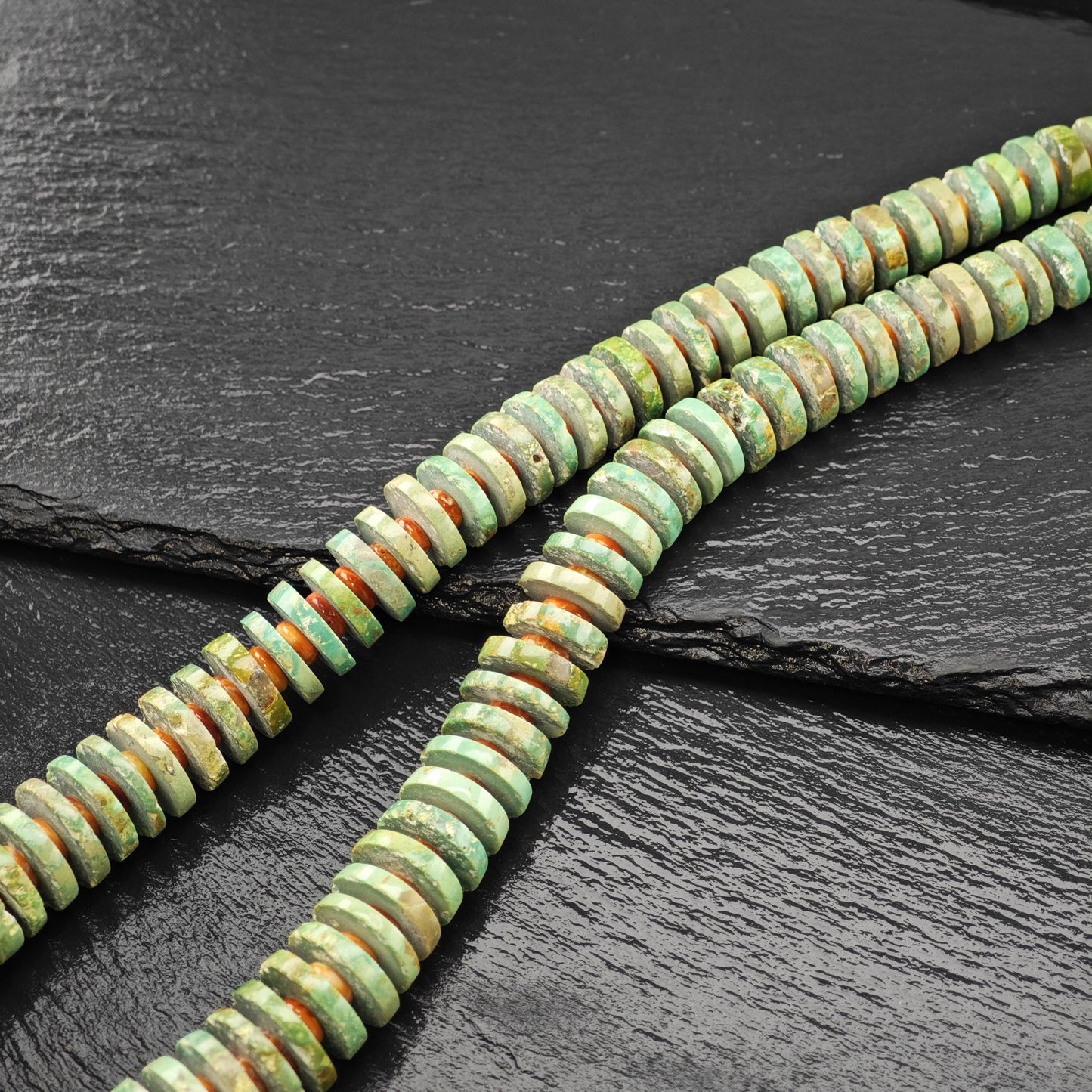 Heishi Necklace Turquoise and Spiny Oyster Beads Sterling Silver Graduated 7-21mm N2666