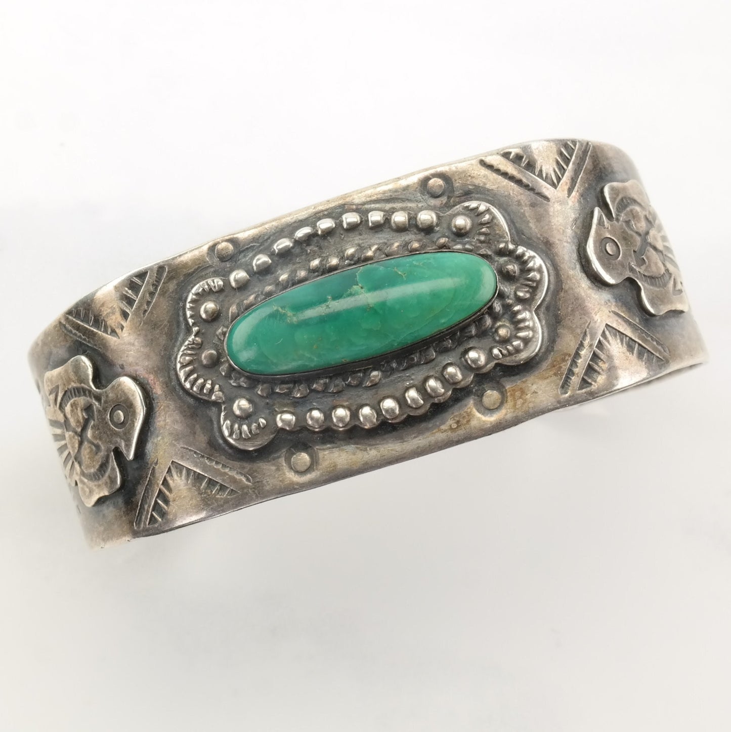 Native American Sterling Silver Cerillos Turquoise Eagle Fred Harvey Era Cuff Bracelet