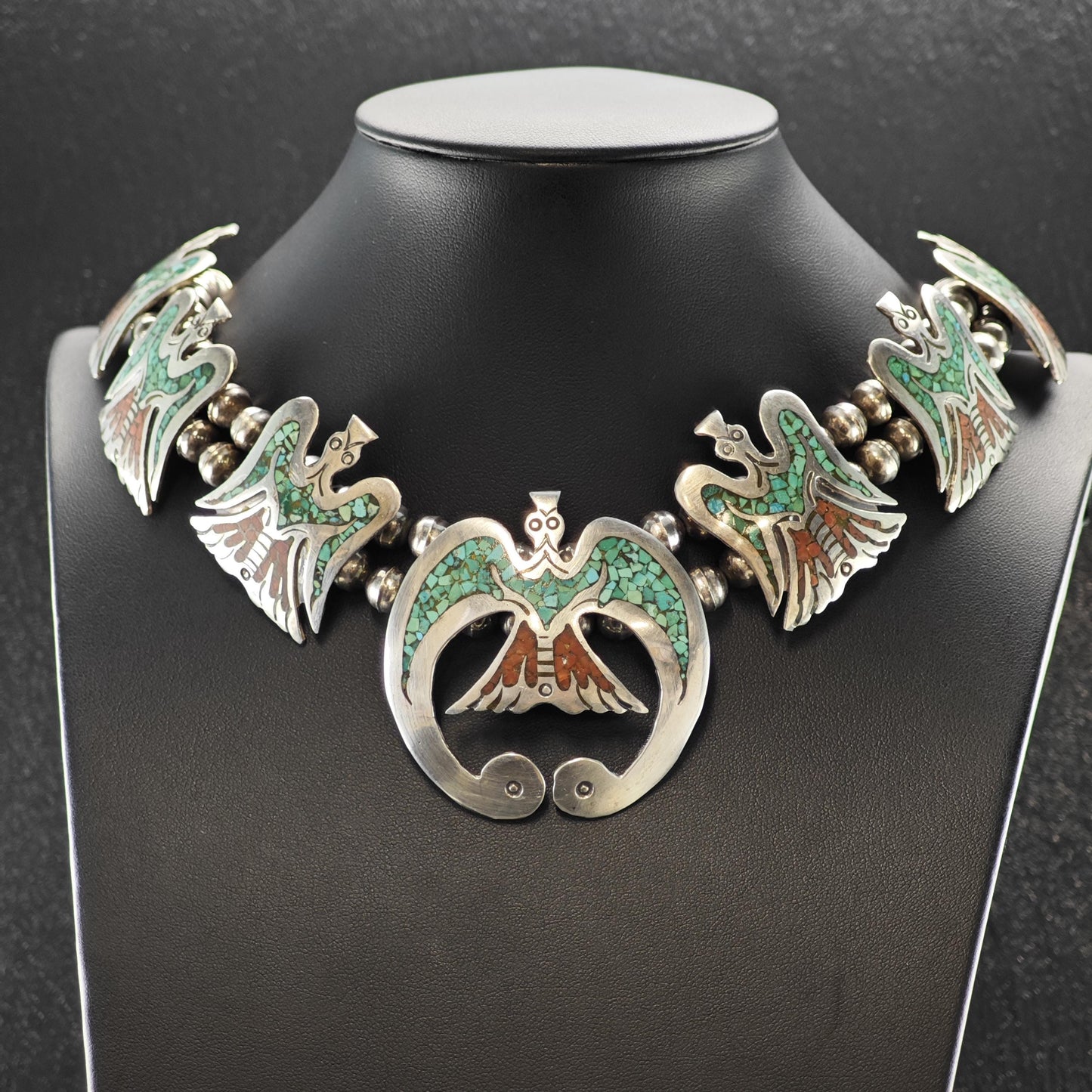 Native American Turquoise Inlay Eagle Squash Blossom Necklace Sterling Silver 29 1/2"