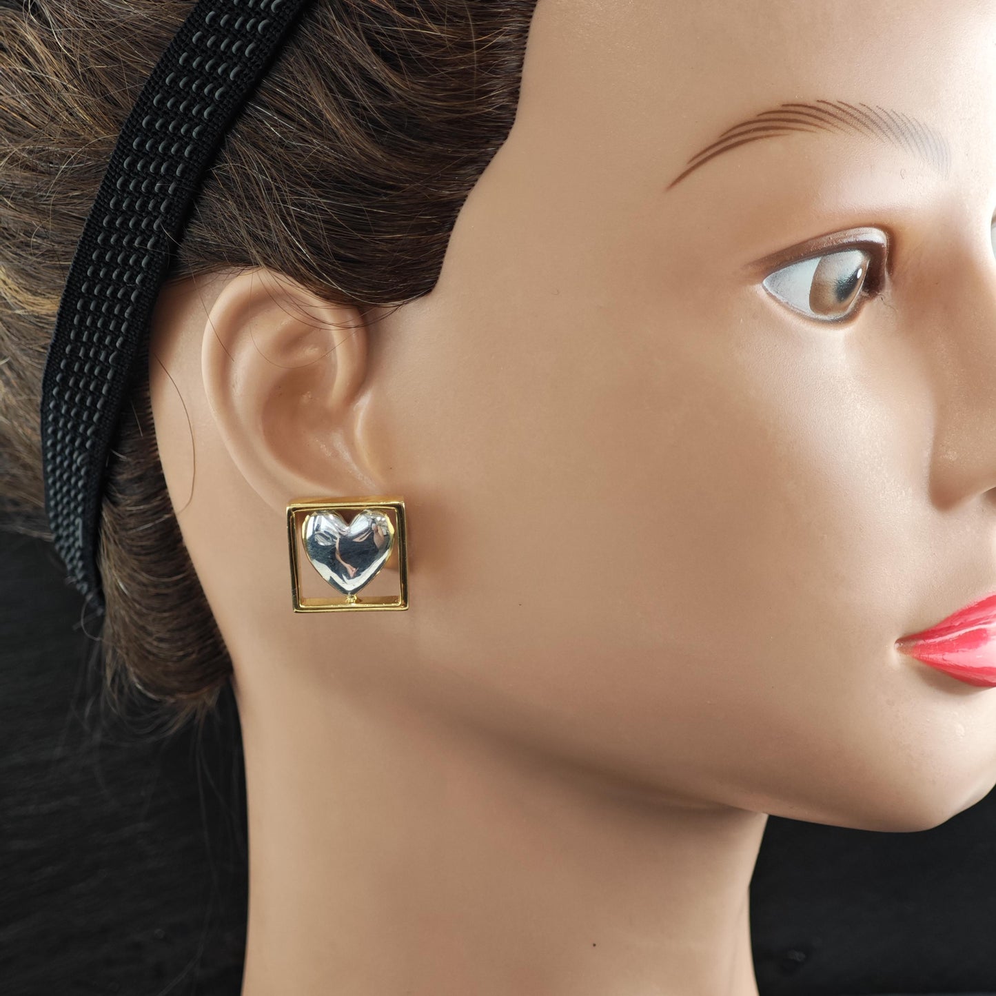 Sergio Bustamante Heart, Gold Tone Frame Stud Sterling Silver Earrings ER3123