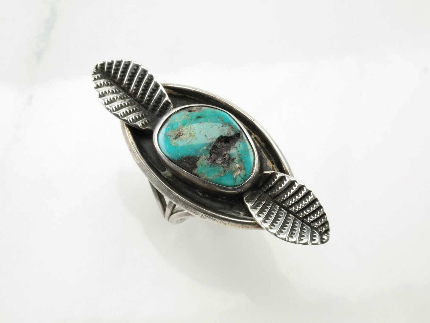Vintage Southwest Ring Turquoise Leaf Sterling Silver Size 8