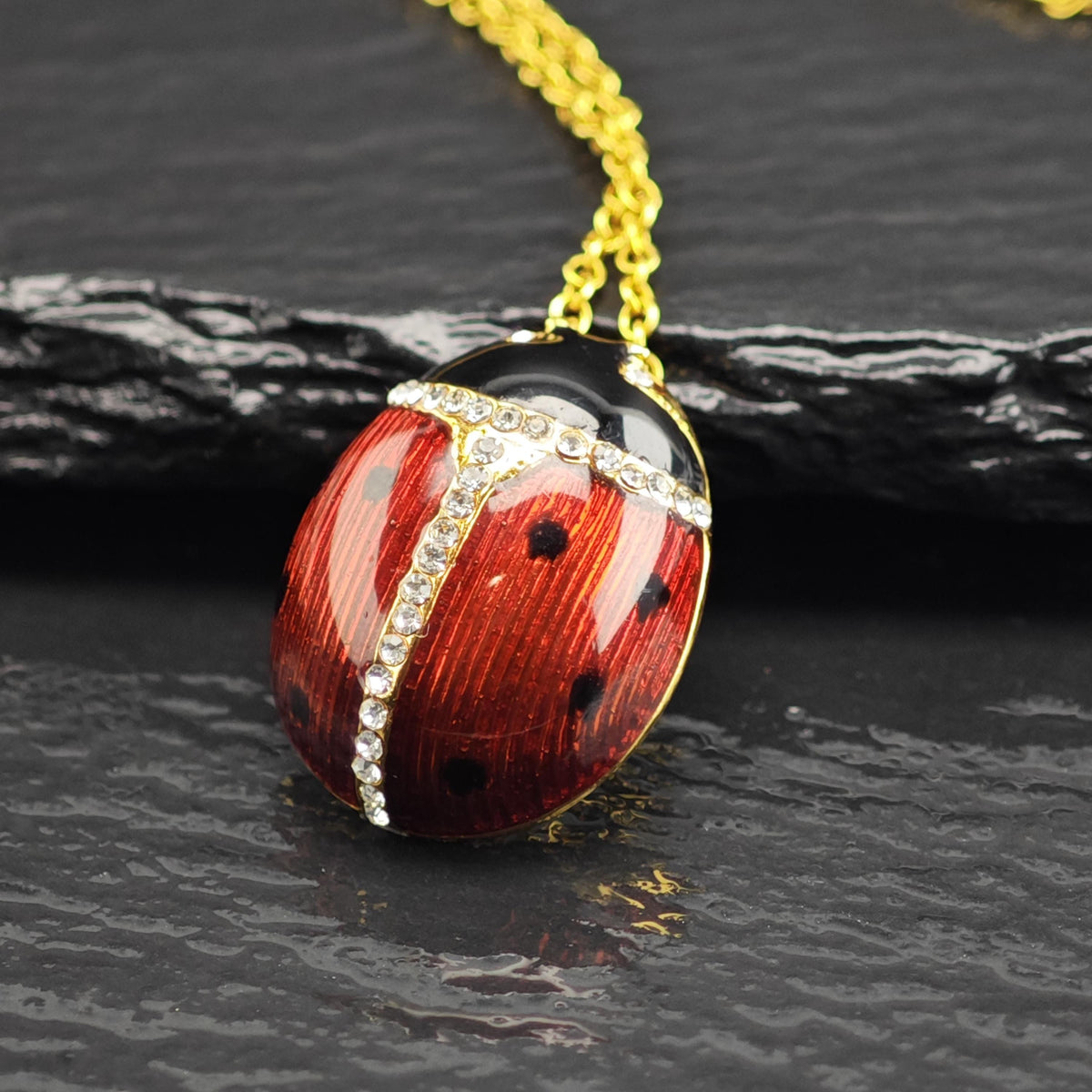 MMA Enamel CZ Lady Bug Gold-Plated Sterling Silver Pendant & Chain P3084