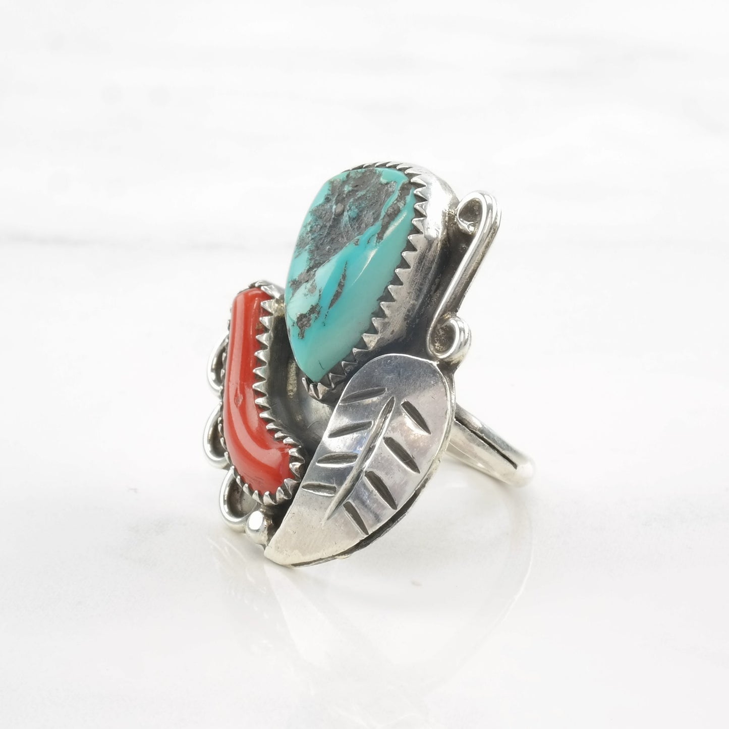 Native American Ring Turquoise, Coral Feather Sterling Silver Size 5 1/2