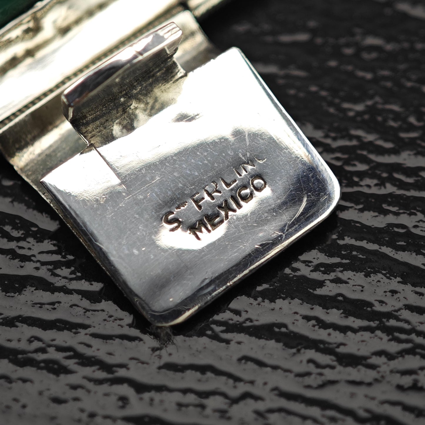 Carved Face Green Onyx Panel Bracelet Sterling Silver Size 7"