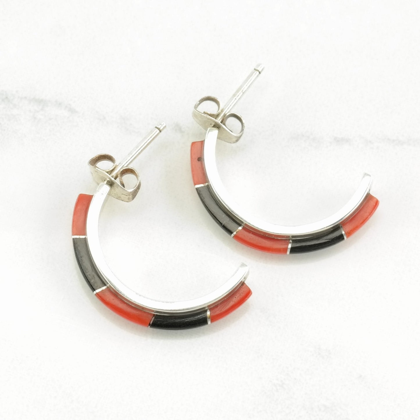 Southwest Sterling Silver Coral, Jet Inlay Earrings Stud/Hoop