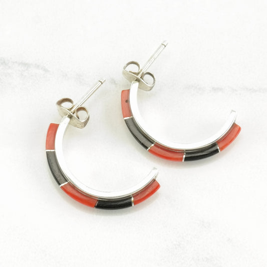 Southwest Sterling Silver Coral, Jet Inlay Earrings Stud/Hoop