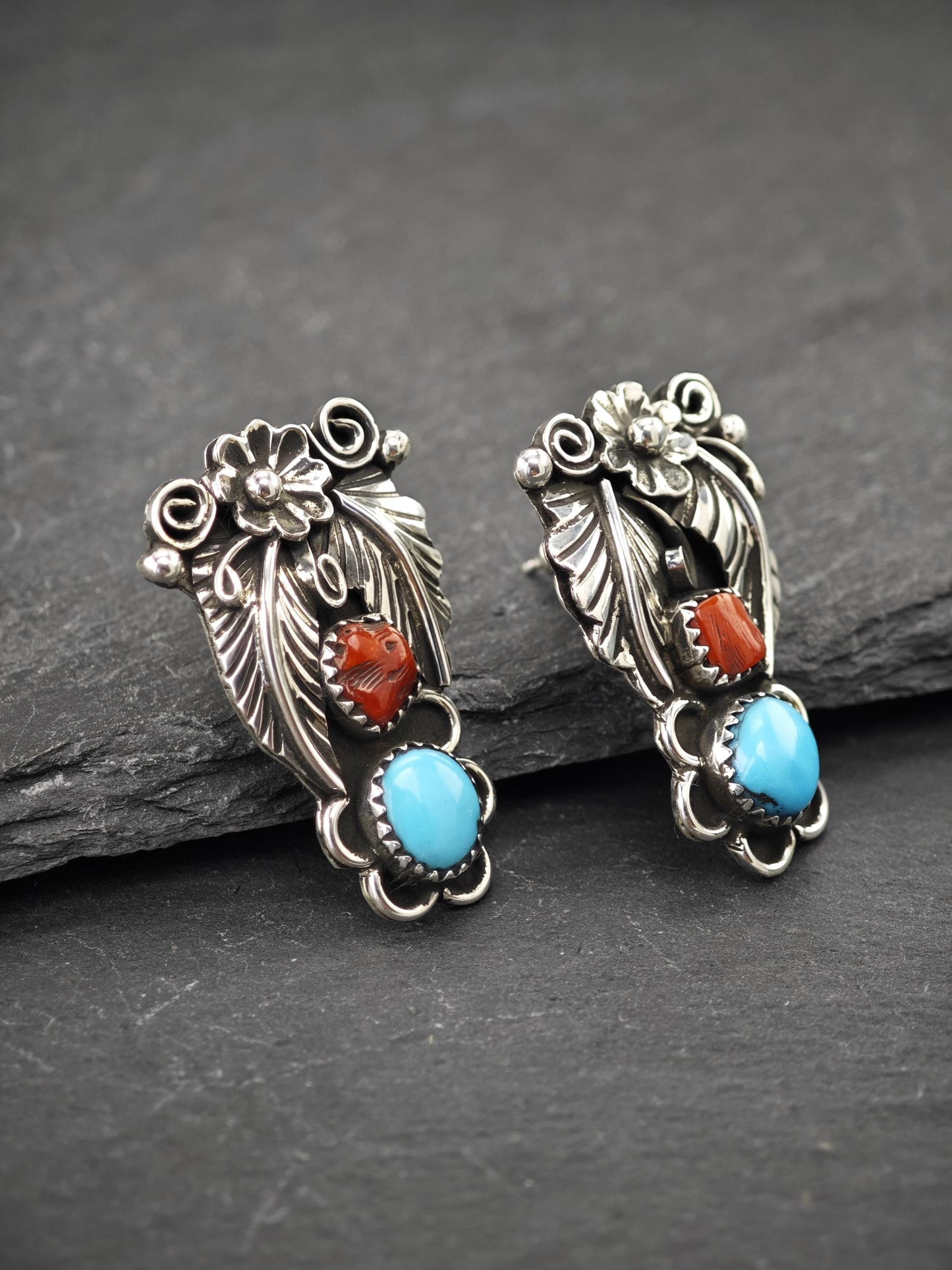 Native American Turquoise & Coral Stud Earrings Sterling Silver