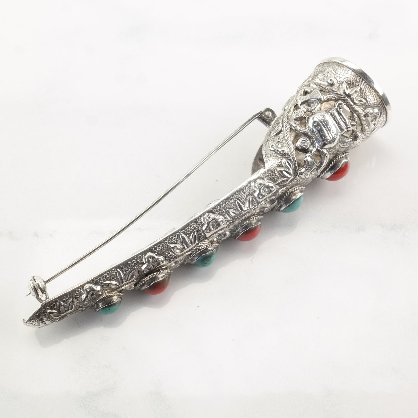 Chinese Sterling Silver Filigree Fingernail Brooch with Turquoise and Coral