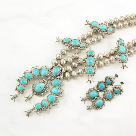 Vintage Southwest Sterling Silver Blue Turquoise Floral Squash Blossom Necklace Earrings Set