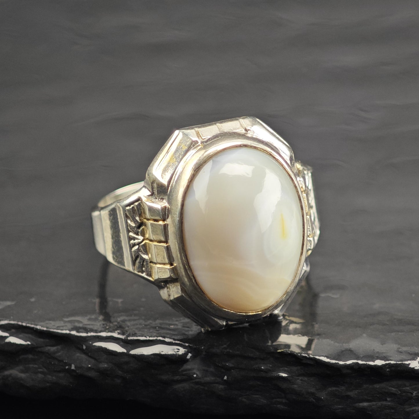 Art Deco White Agate Sterling Silver Ring Sz 8 3/4 R6640
