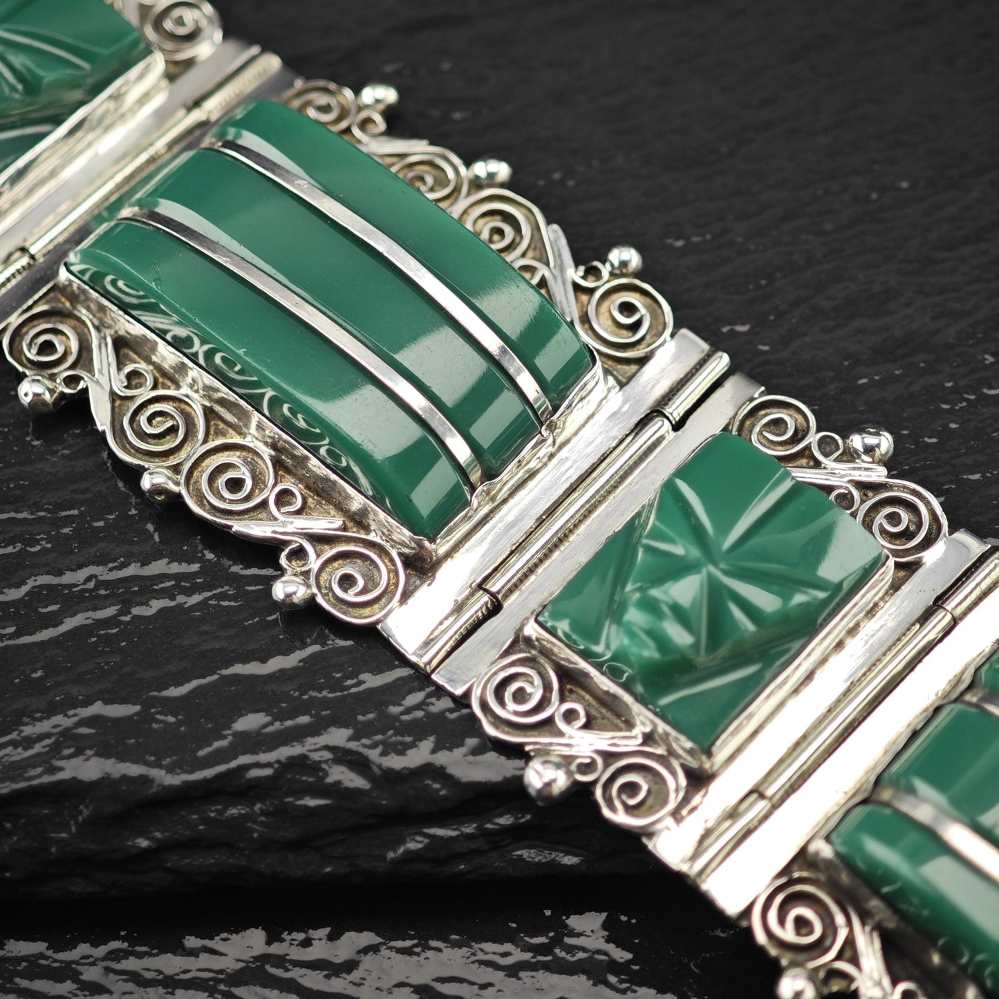 Carved Face Green Onyx Panel Bracelet Sterling Silver Size 7"