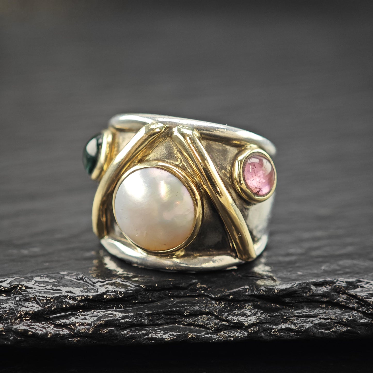 Pearl, Tourmaline Gold Accent Ring Sterling Silver Sz 6