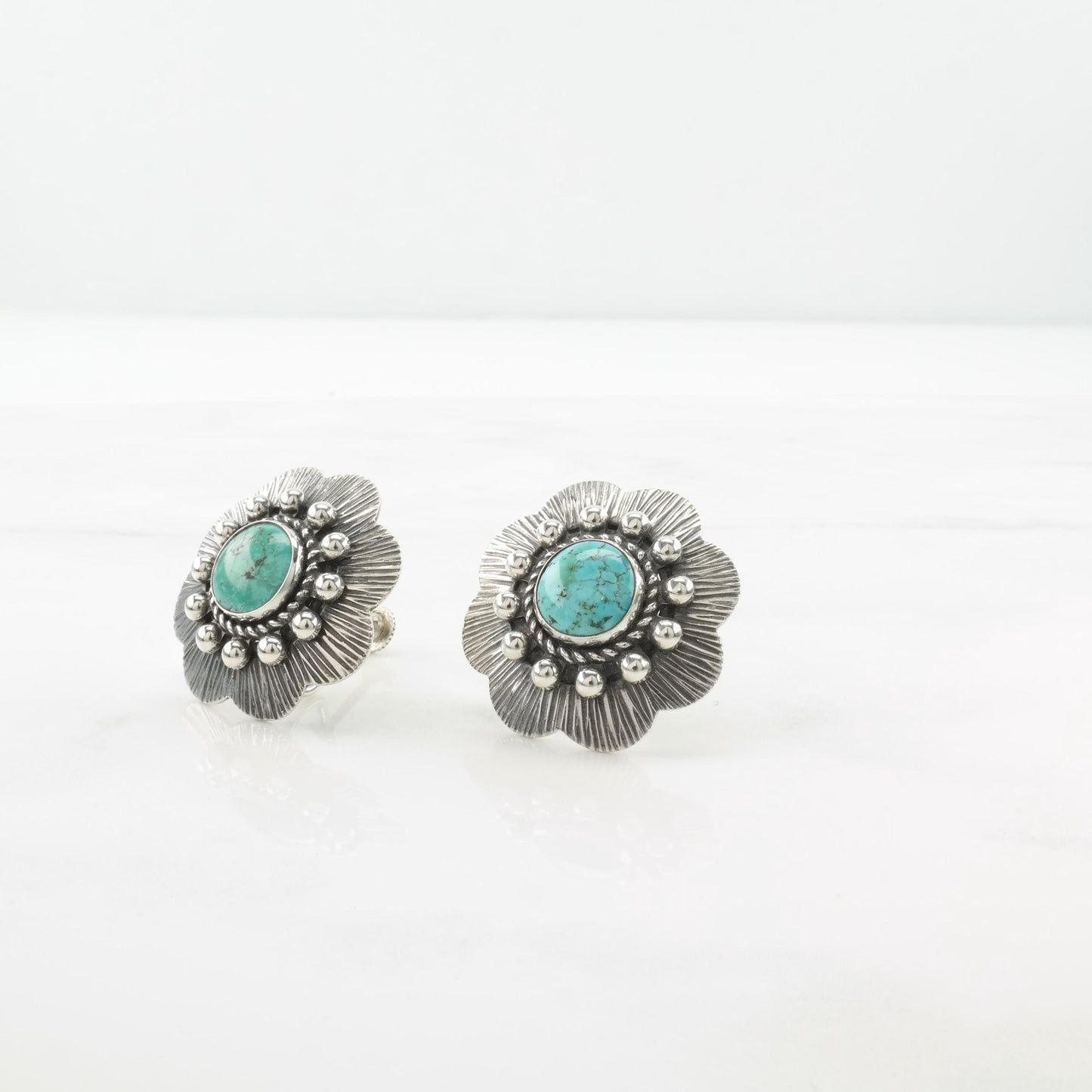 Vintage Blue Turquoise Floral Screw Back Earrings out of Sterling Silver